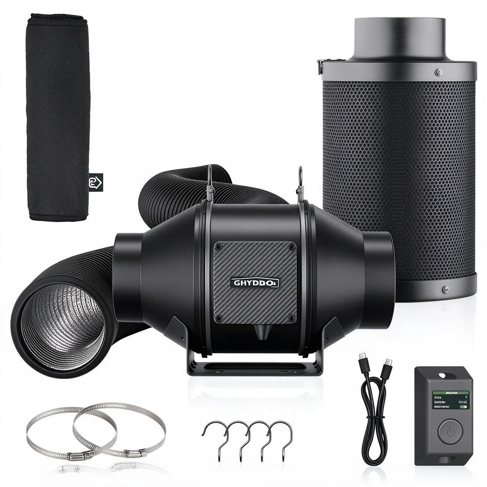 Kit de ventilación con ventilador de conducto en línea de 4 pulgadas, ventilador EC silencioso de 205 CFM con controlador de velocidad LCD, filtro de carbón y conductos flexibles para cultivo hidropónico en tienda de cultivo
