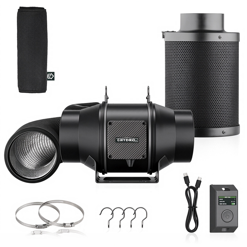 Kit de ventilación con ventilador en línea para conductos de 6 pulgadas, ventilador EC silencioso de 402 CFM con regulador de velocidad LCD, filtro de carbón y conductos flexibles para cultivo hidropónico en tienda de cultivo